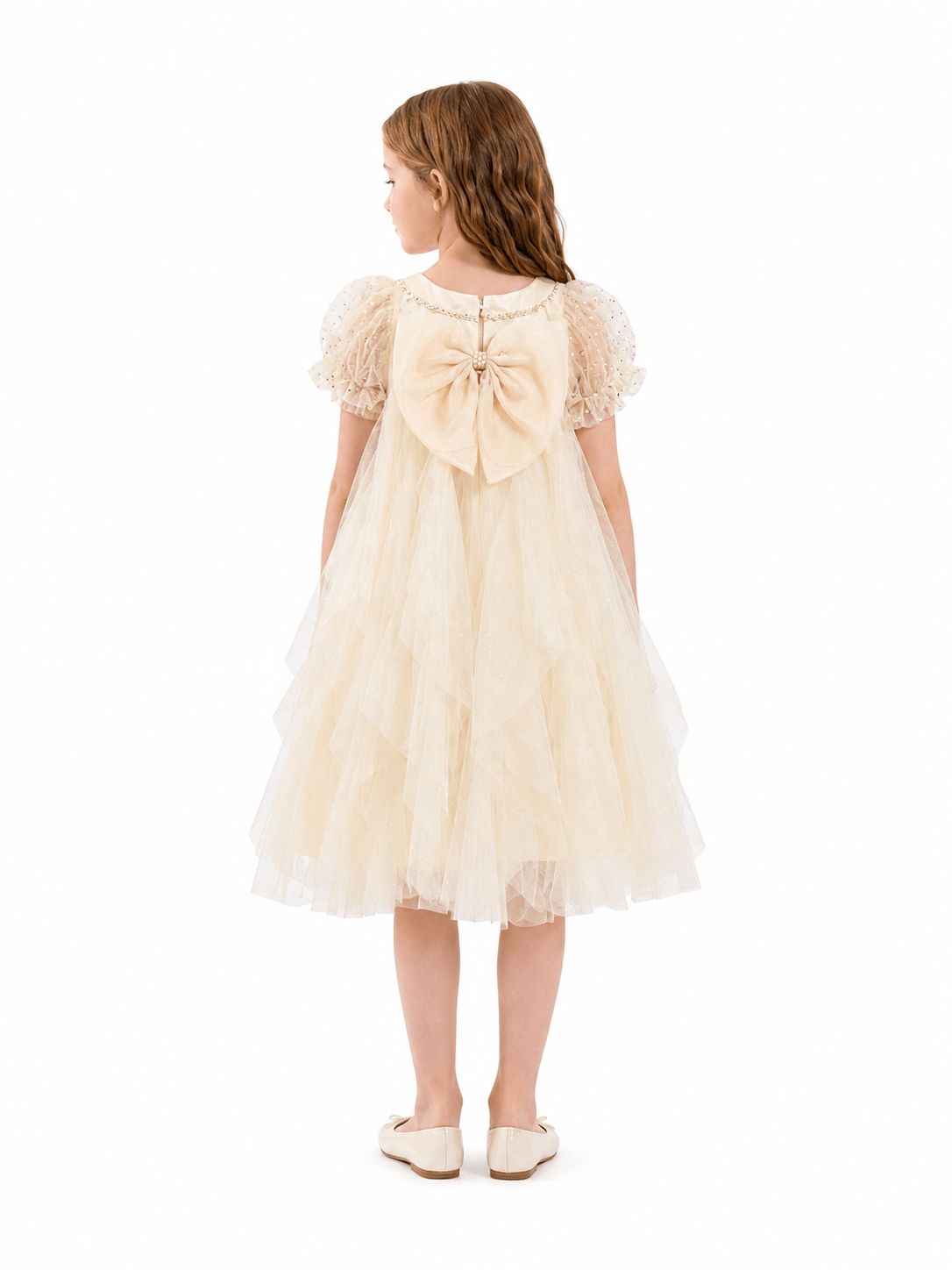 Girls Ivory Embellished Tulle Dress with Organza Bow - Suviara Little - Photo 5
