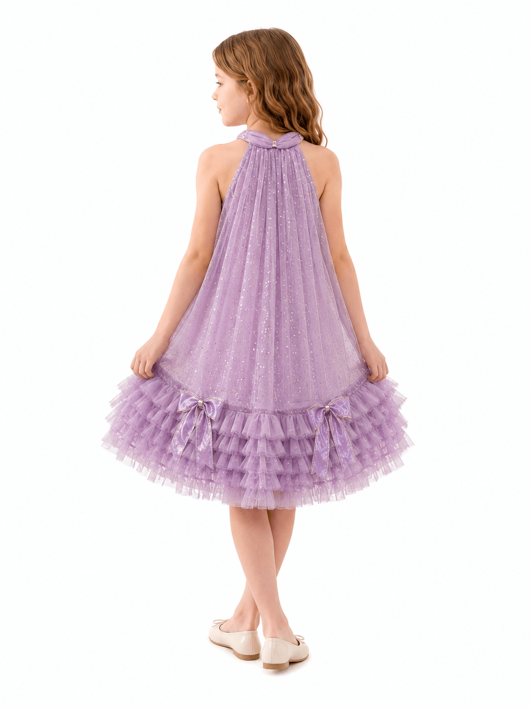 Girls Party Dress with Bow Tie Sleeveless Ruffle Hem Mesh Style - Suviara Little