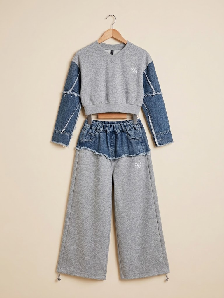 Patchwork Trendy Cropped Denim Sweatshirt Grey - Suviara Little