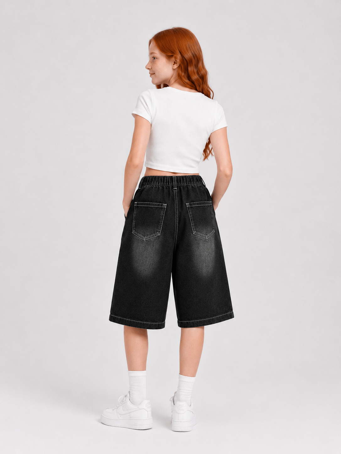 Multi-Pocket Wide-Leg Denim Cargo Shorts Black - Suviara Little - Photo 4