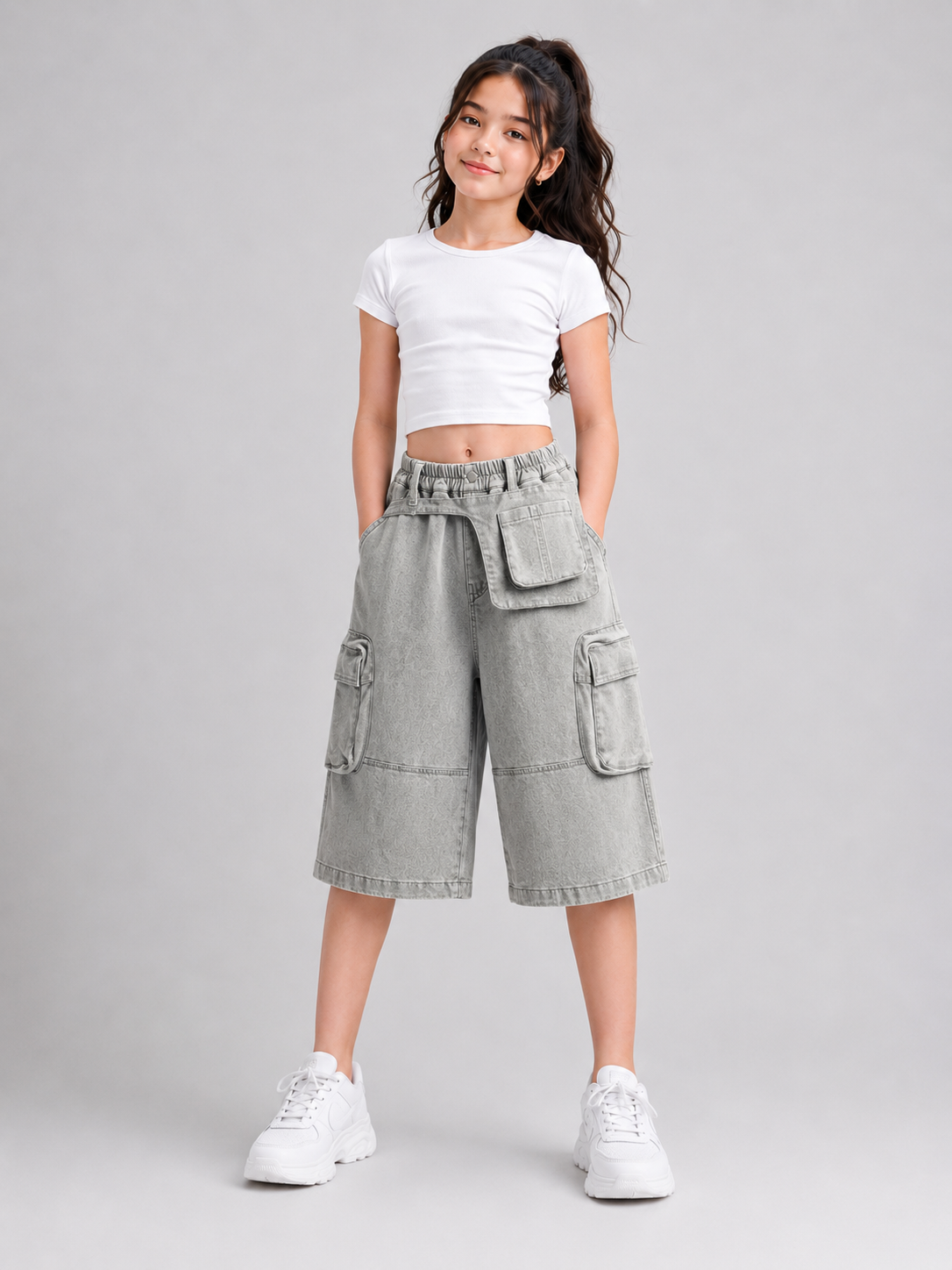 Multi-Pocket Wide-Leg Denim Cargo Shorts Light Grey