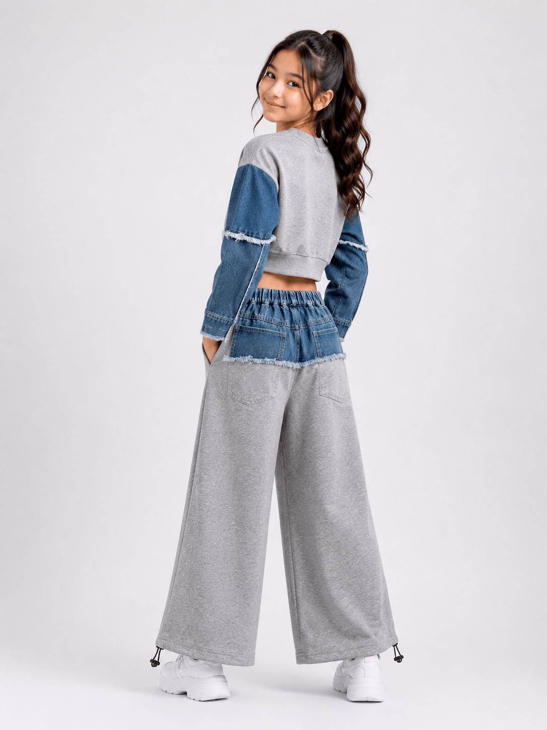Patchwork Trendy Cropped Denim Sweatshirt Grey - Suviara Little