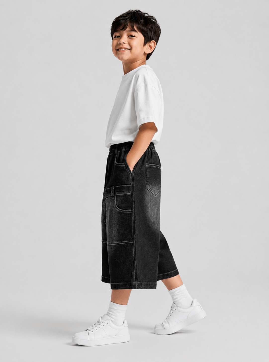 Multi-Pocket Wide-Leg Denim Cargo Shorts Black - Suviara Little - Photo 7