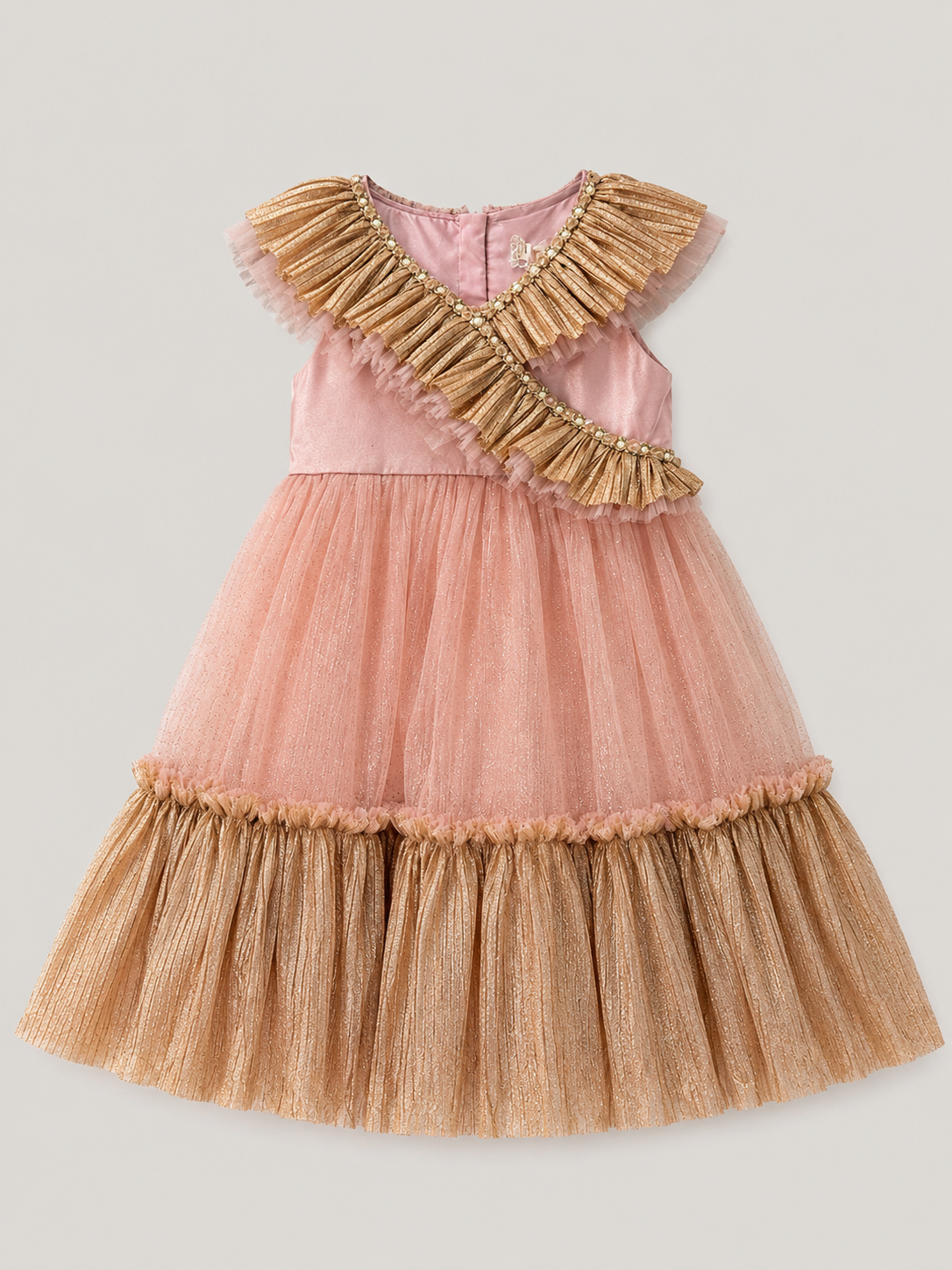 Girls Gold Bow Tulle Pink Party Dress