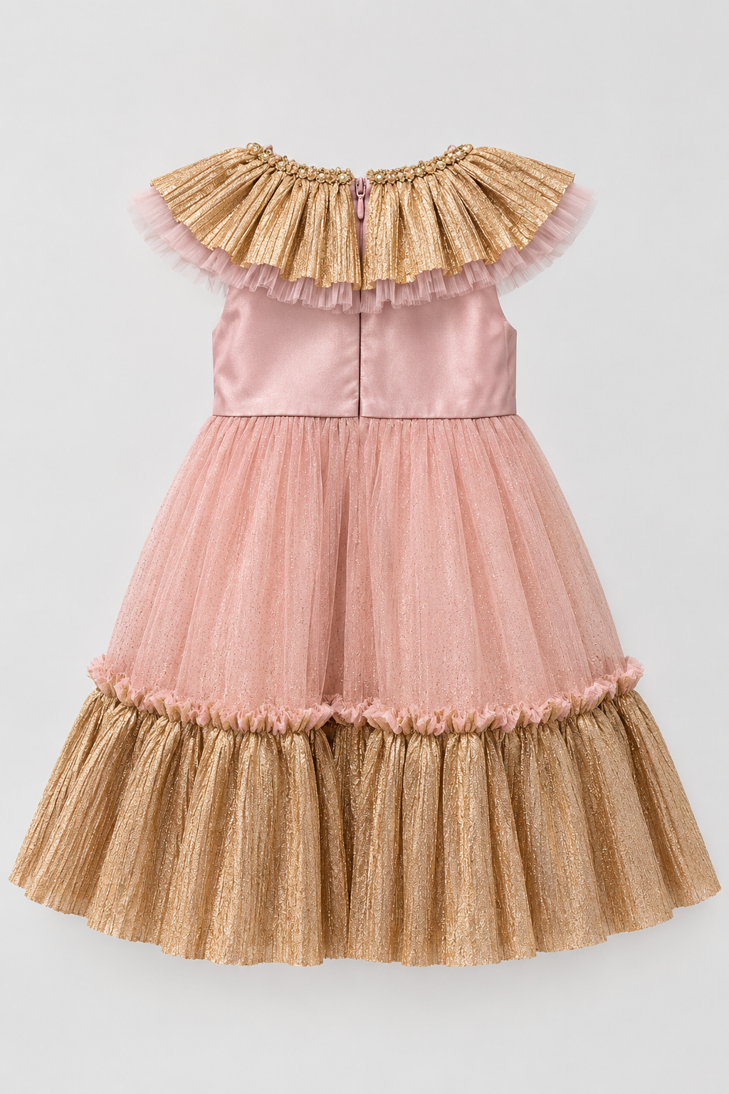 Girls Gold Bow Tulle Pink Party Dress