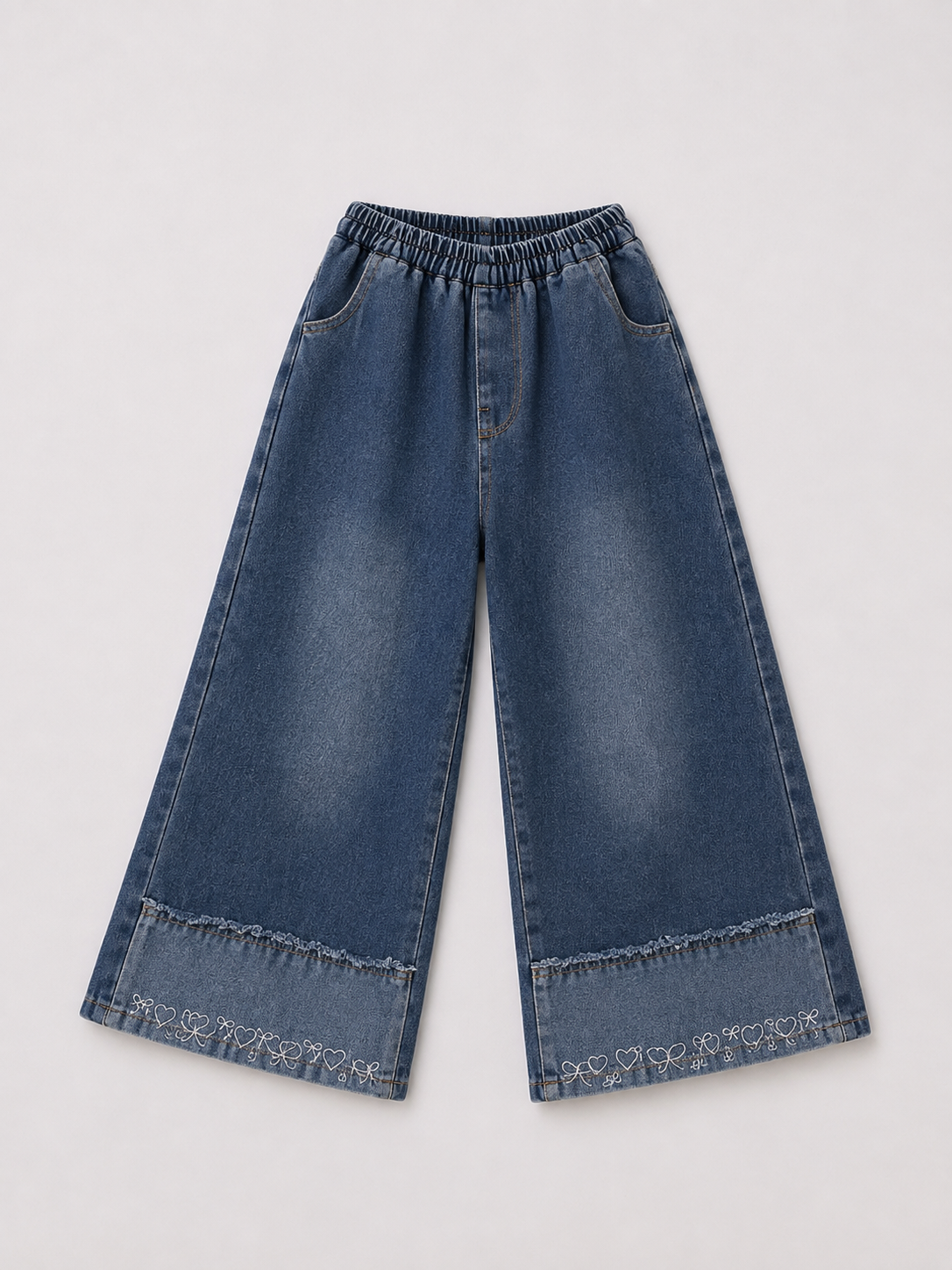 Girls Korean Style Embroidered Wide Leg Denim Jeans