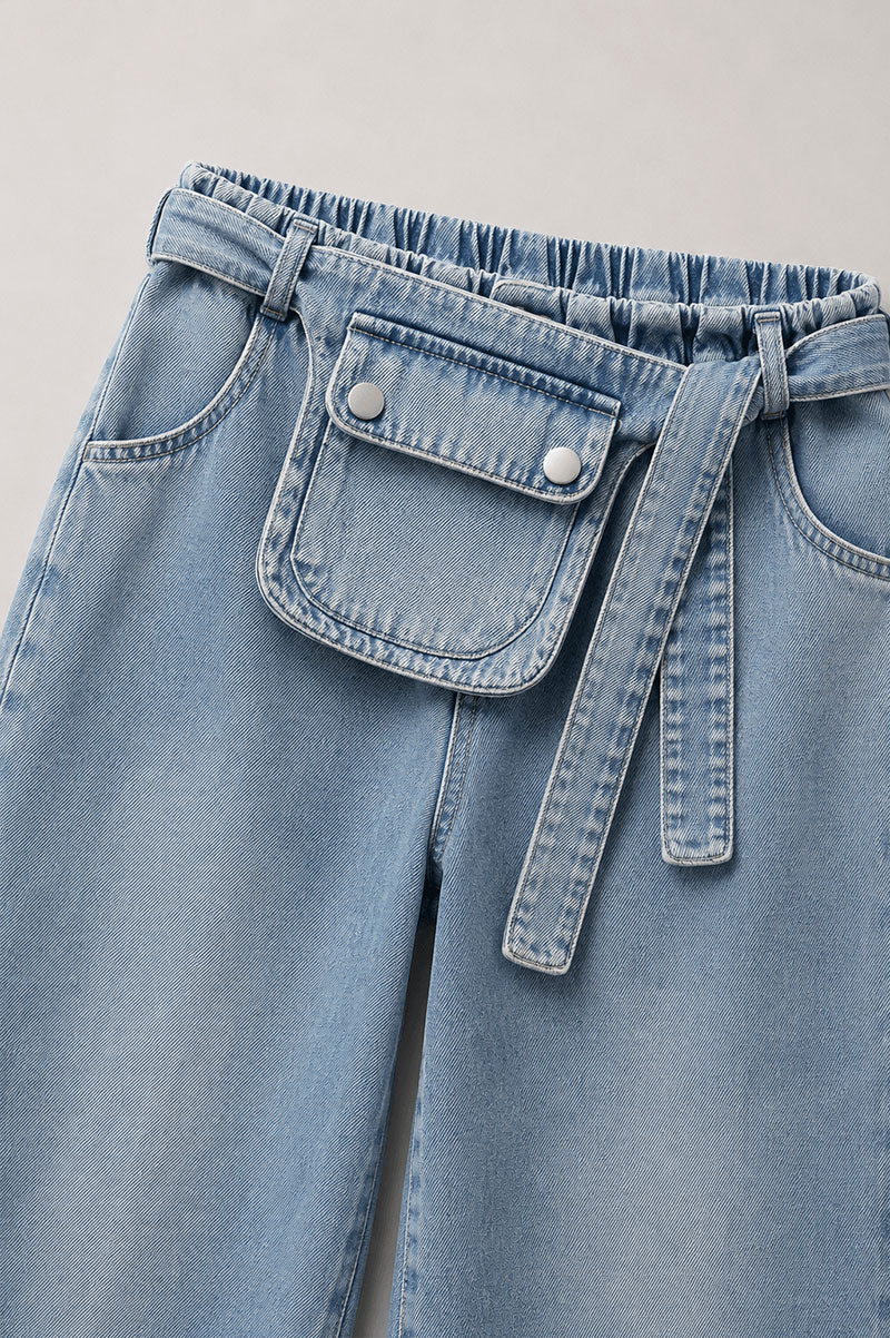 Wide Leg Denim Jeans With Belt For Kids - Suviara Little - Photo 5