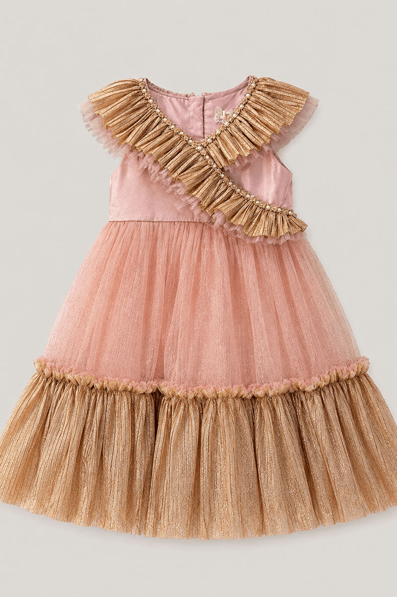 Girls Gold Bow Tulle Party Dress Pink - Suviara Little