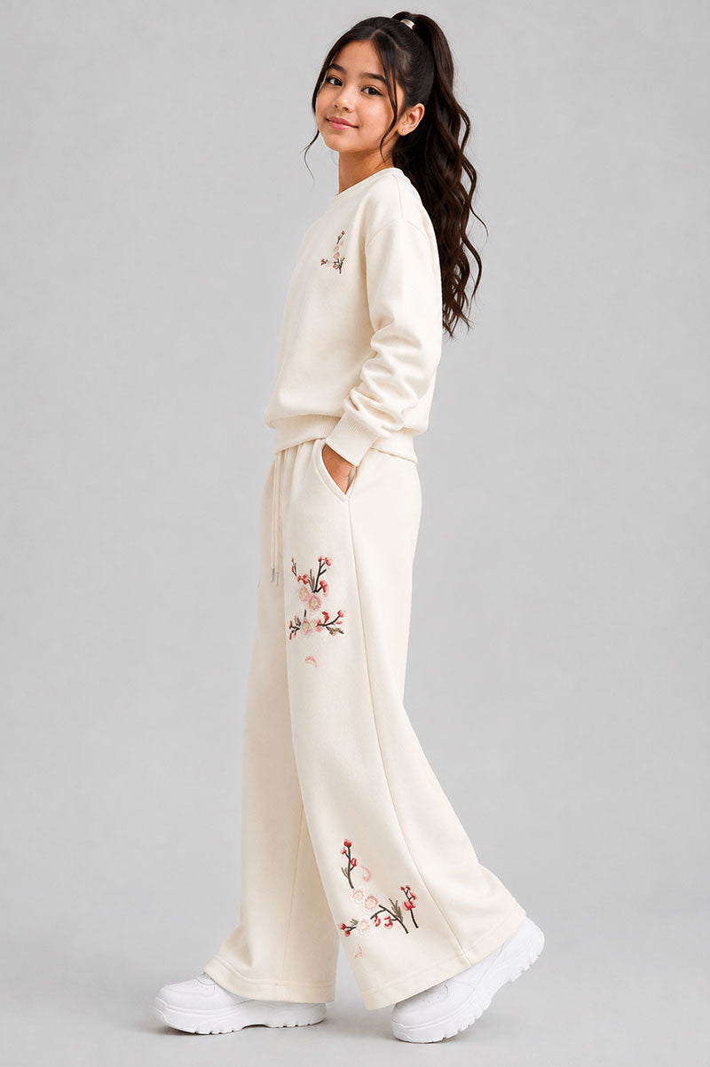 Sakura Embroidery Flower Sweatshirt Wide-Leg Sweatpants - Suviara Little