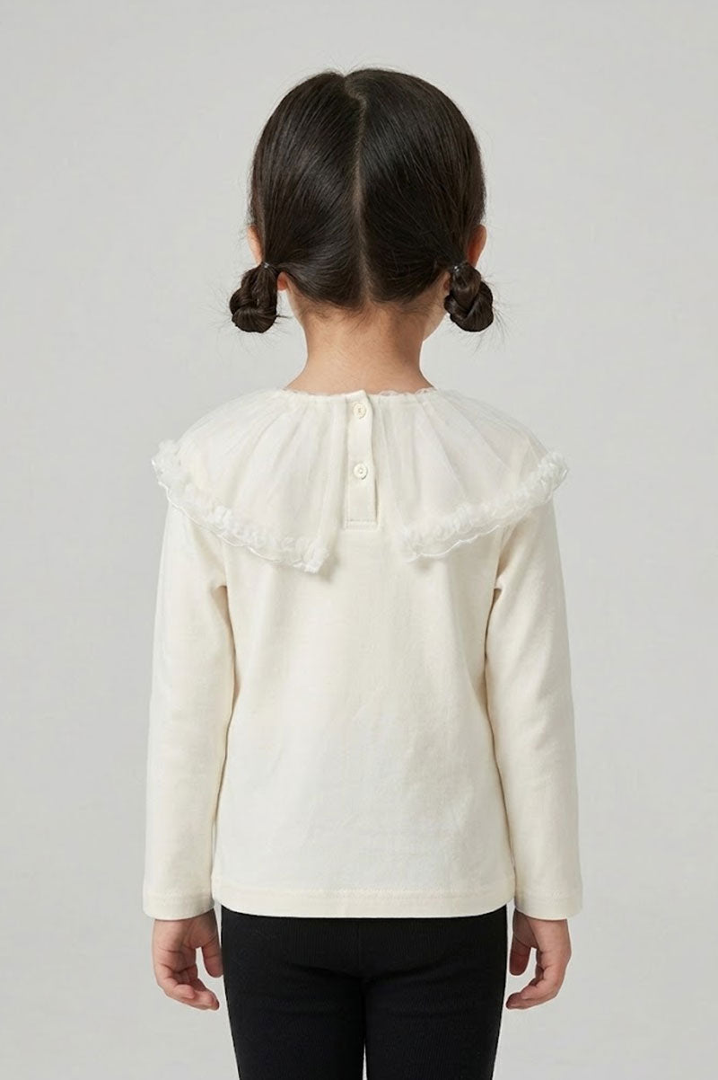 Long-sleeved Ruffled Peter Pan Collar Embroidered Bunny T-Shirt Cream - Suviara Little