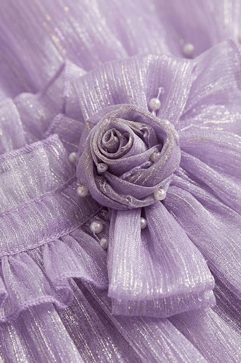 Lilac Layered Party Dress Sequins Bow Detail Short Sleeves - Suviara Little
