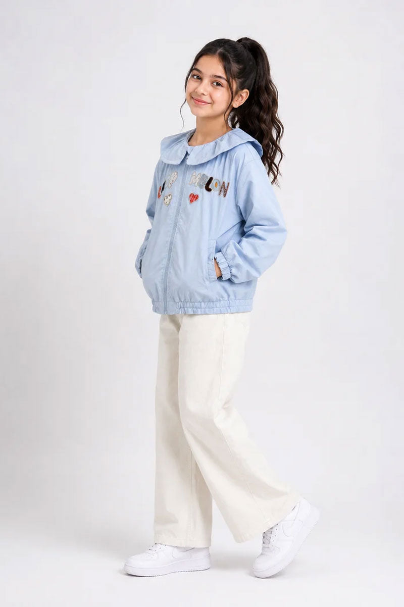 Embroidered Adorable Girls Ruffle Collar Cotton Zip Jacket - Suviara Little