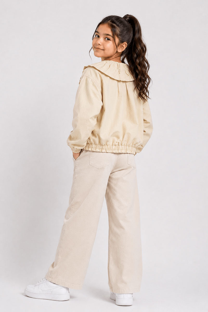 Embroidered Adorable Girls Ruffle Collar Cotton Zip Jacket - Suviara Little