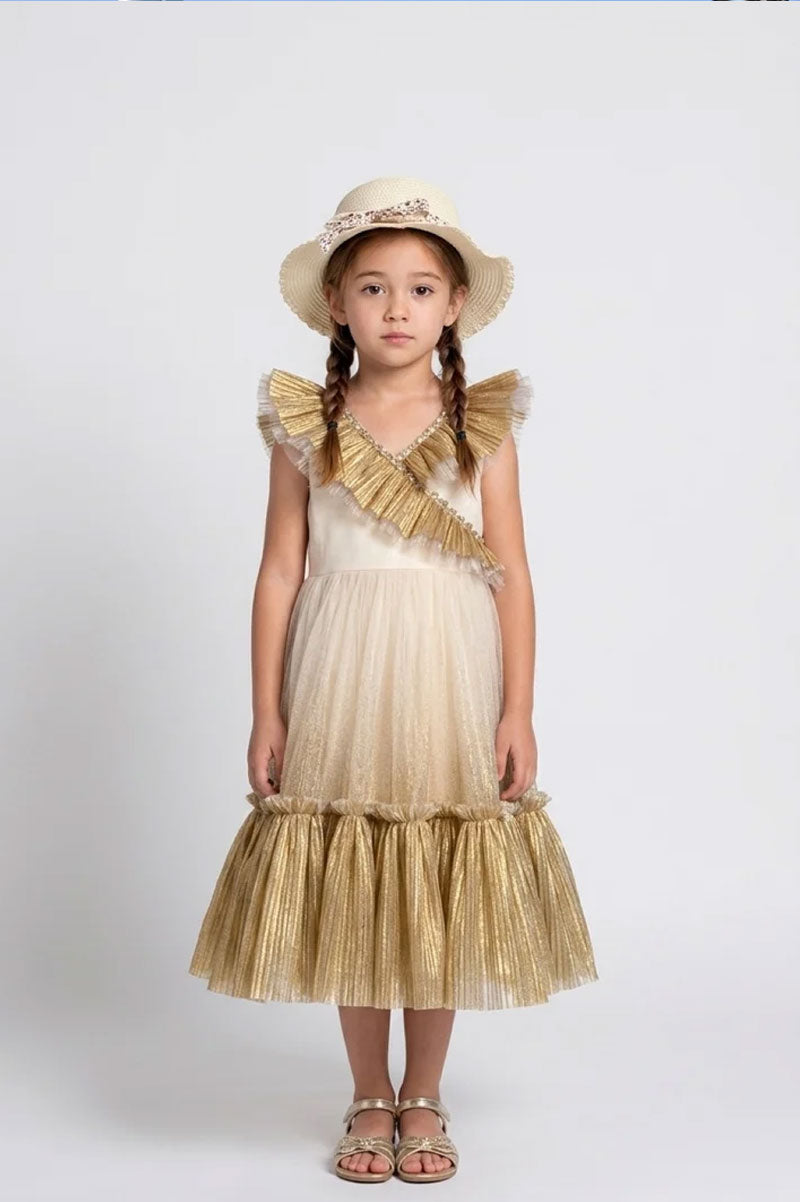 Girls Gold Bow Tulle Party Dress - Suviara Little