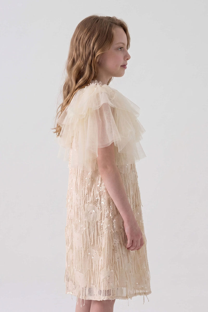 Girls Party Dress with Tulle Cape Elegant Ivory Sequin Style - Suviara Little