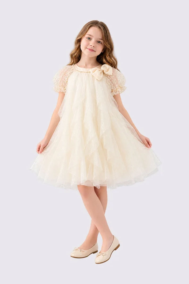 Girls Ivory Embellished Tulle Dress with Organza Bow - Suviara Little