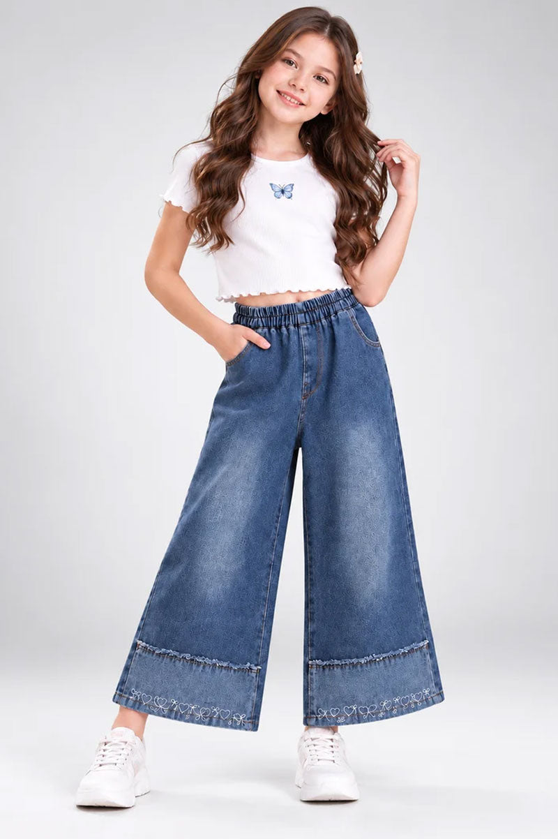 Girls Korean Style Embroidered Wide Leg Denim Jeans - Suviara Little