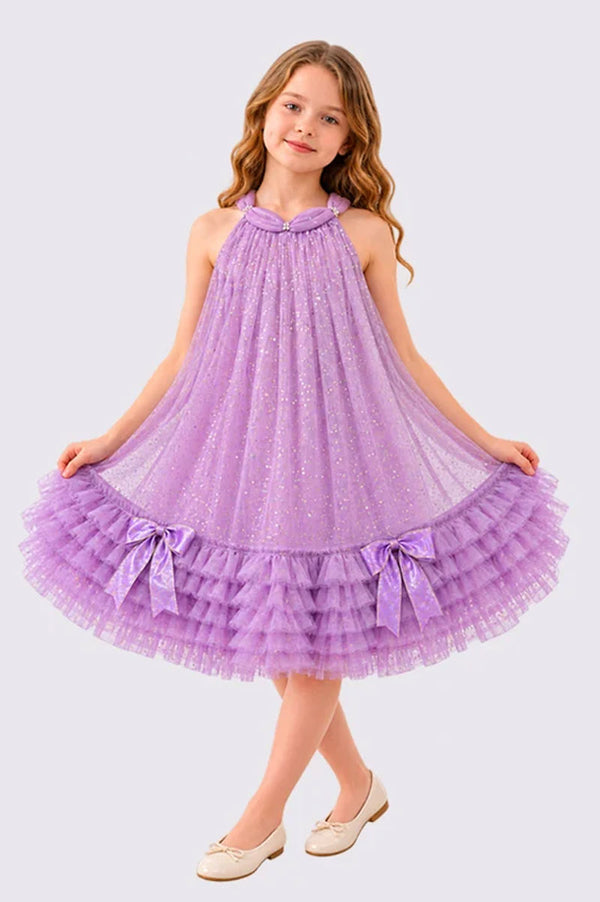 Girls Party Dress with Bow Tie Sleeveless Ruffle Hem Mesh Style