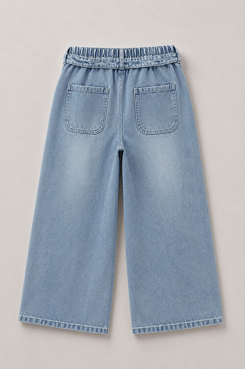 Wide Leg Denim Jeans With Belt For Kids - Suviara Little - Photo 6