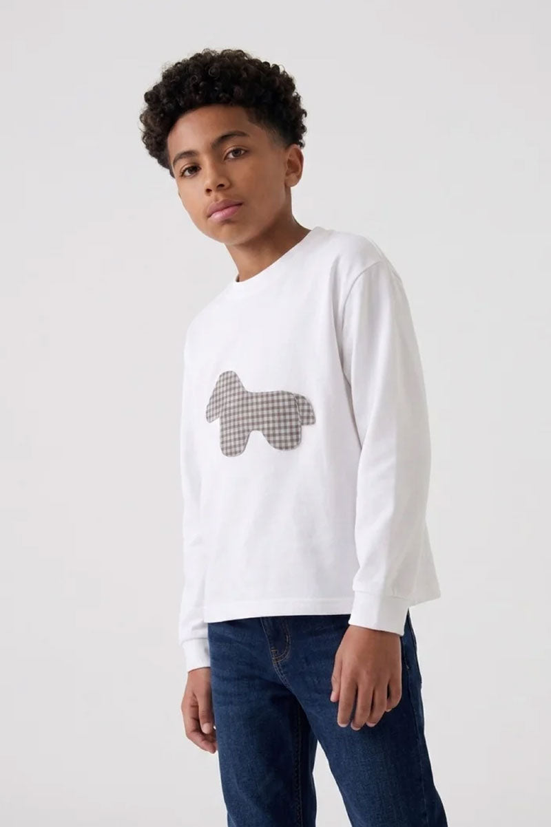 Boys' Long-Sleeve White Gingham Patch T-Shirt - Suviara Little
