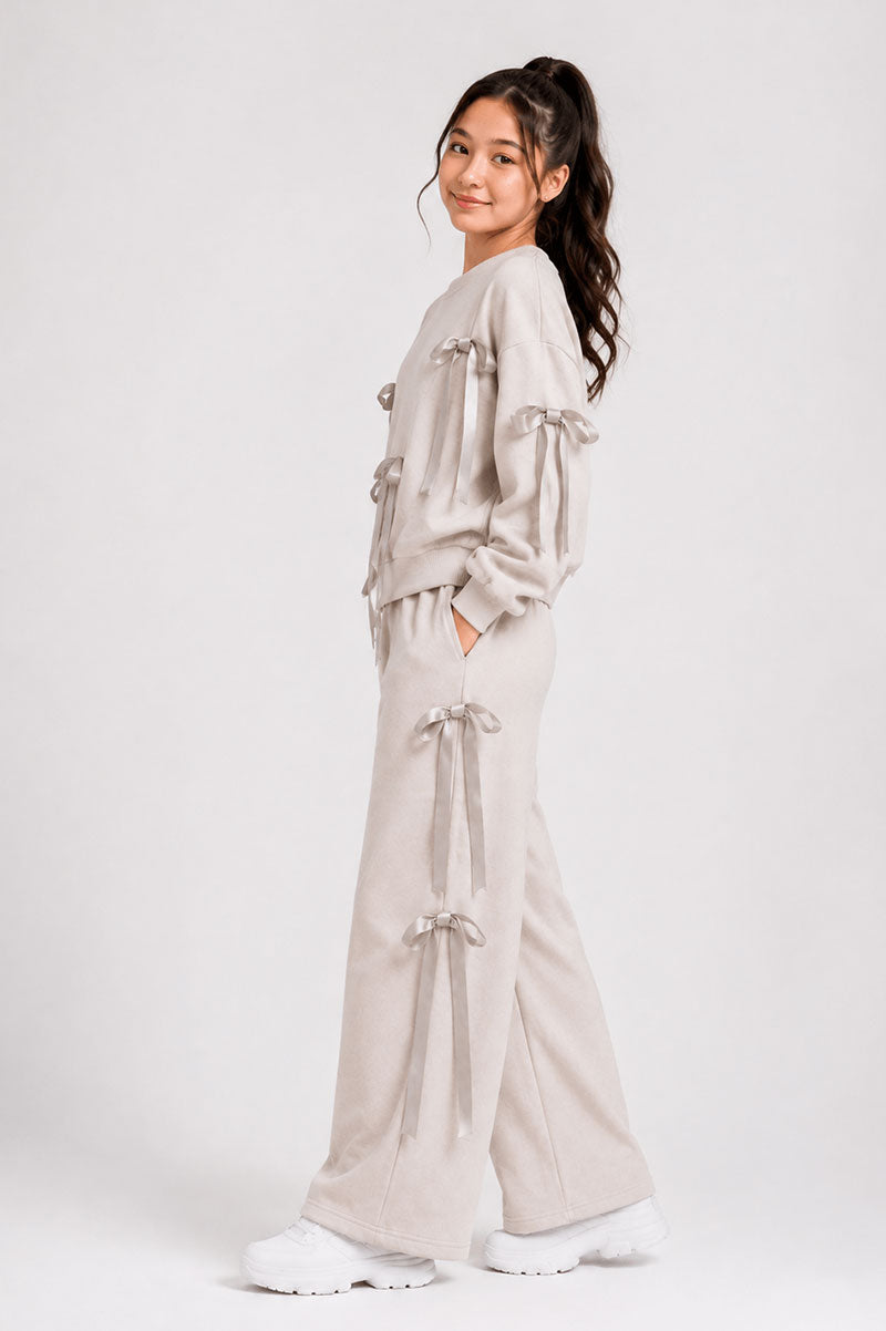 Bow Detail Striped Co-Ord Set Sweatshirt and Wide Pants - Suviara Little