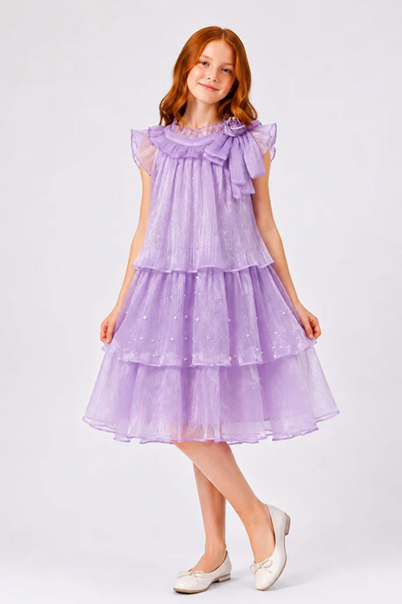 Lilac Layered Party Dress Sequins Bow Detail Short Sleeves - Suviara Little
