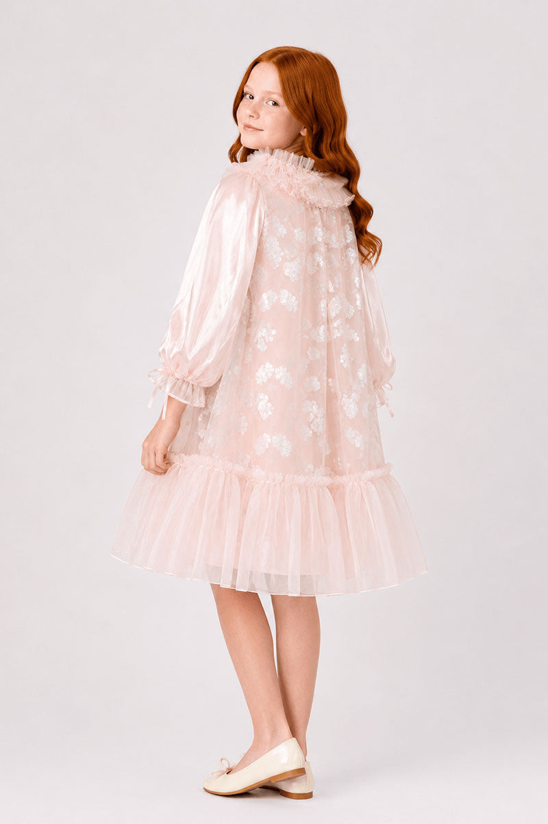 Ruffle Collar Pink Beau Mesh Floral Lace Party Dress - Suviara Little - Photo 3