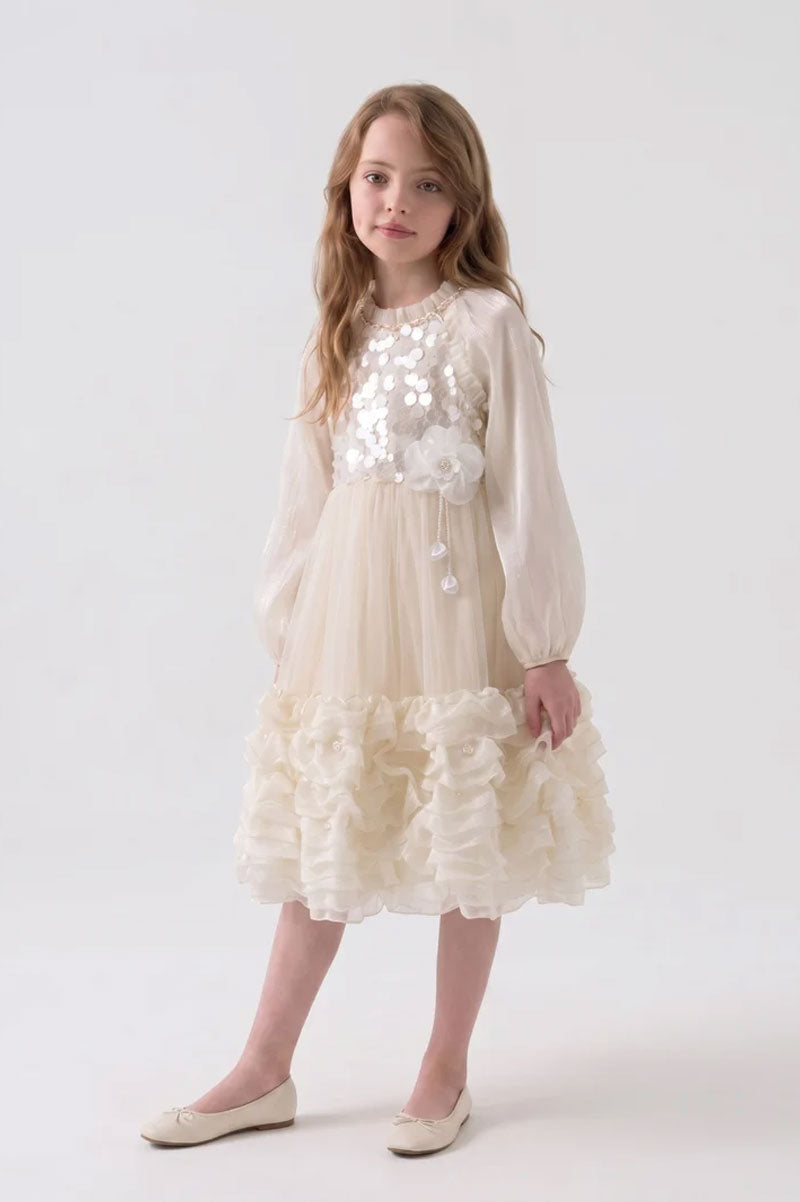 Girls Sequinned Tulle Dress with Floral Appliqués - Suviara Little