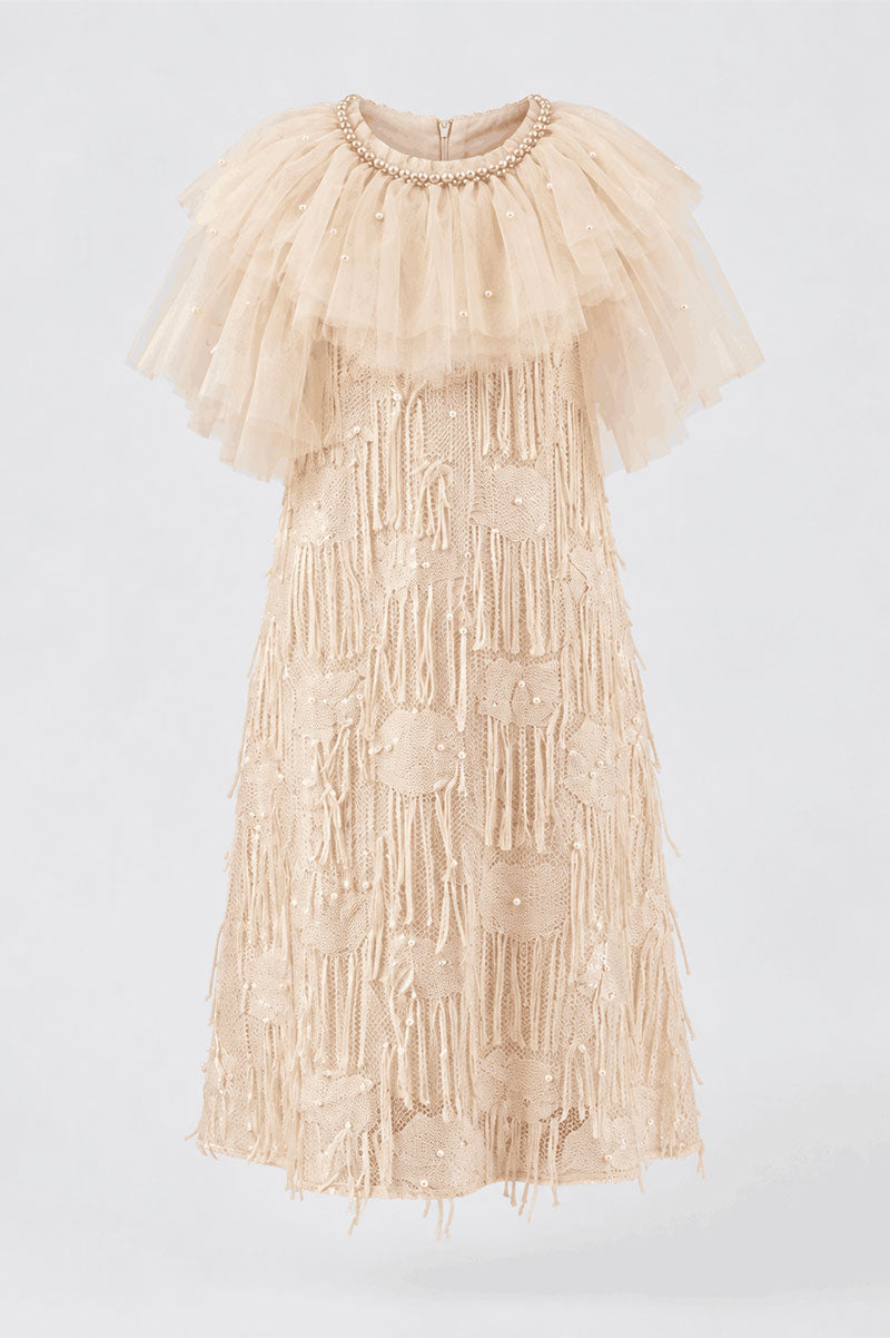 Girls Party Dress with Tulle Cape Elegant Ivory Sequin Style - Suviara Little