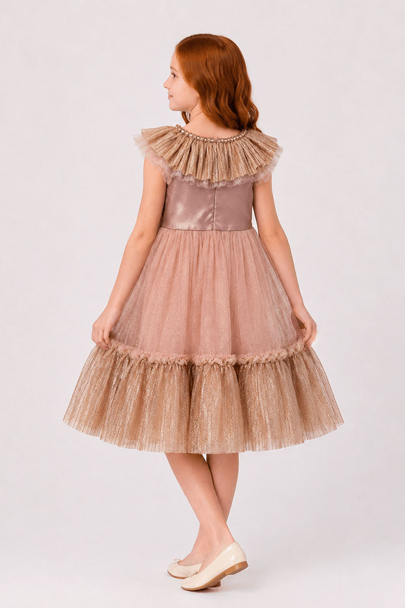 Girls Gold Bow Tulle Party Dress Pink - Suviara Little