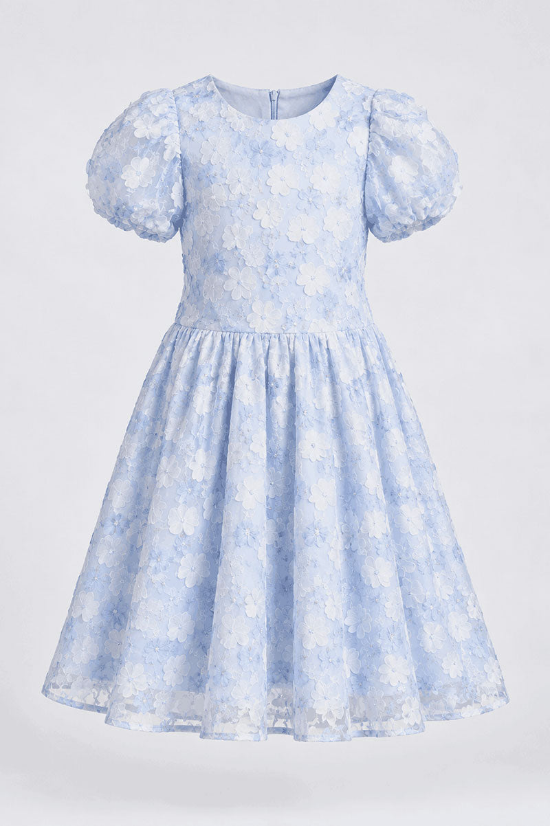 Girls Tulle Ruffle Floral Embroidered Sky Blue Party Dress - Suviara Little - Photo 5