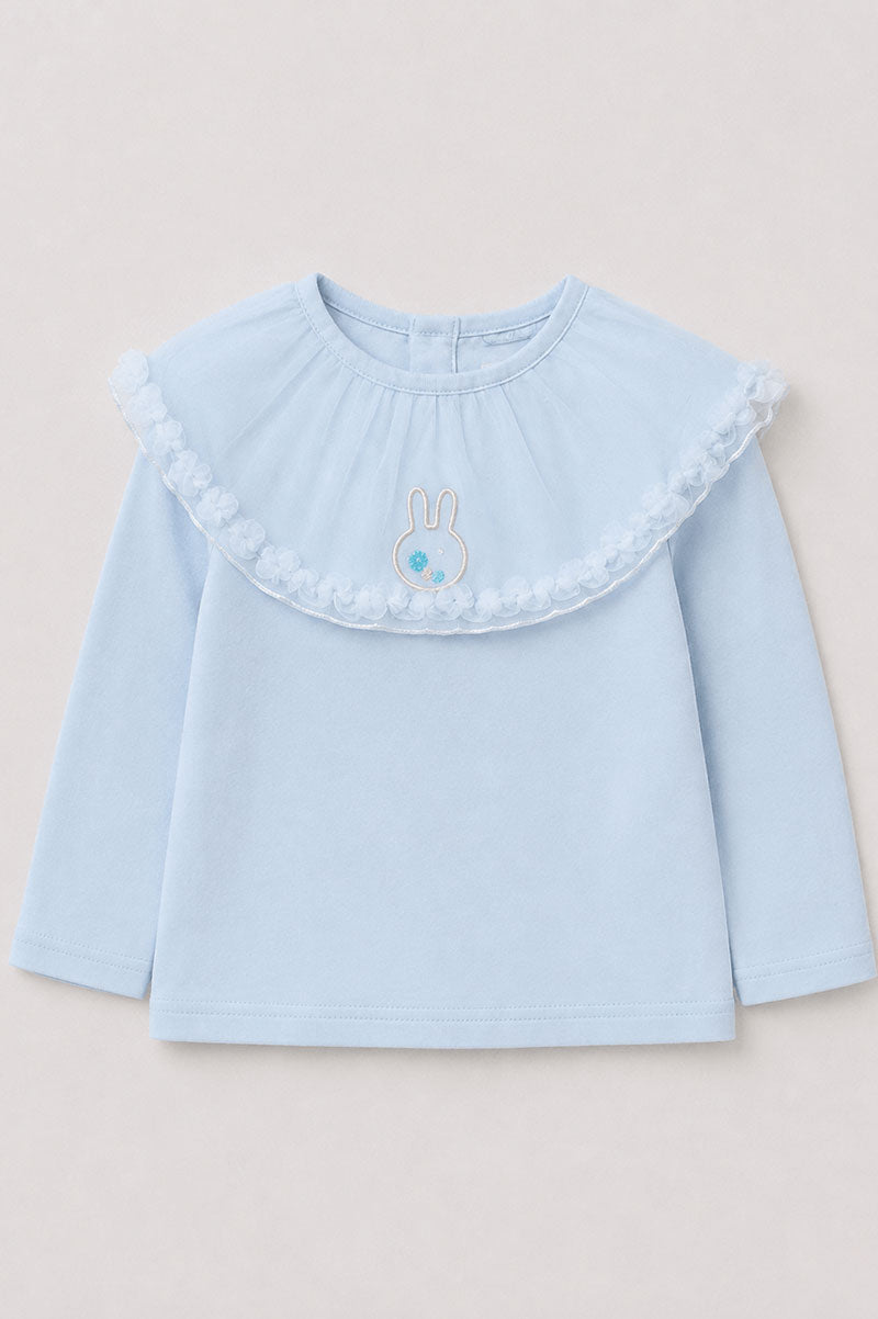 Long-Sleeved Ruffled Peter Pan Collar Embroidered Bunny T-Shirt - Suviara Little