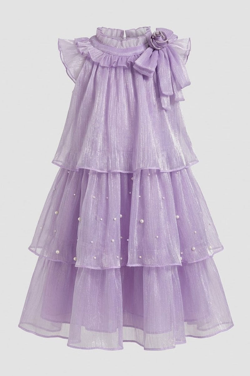 Lilac Layered Party Dress Sequins Bow Detail Short Sleeves - Suviara Little