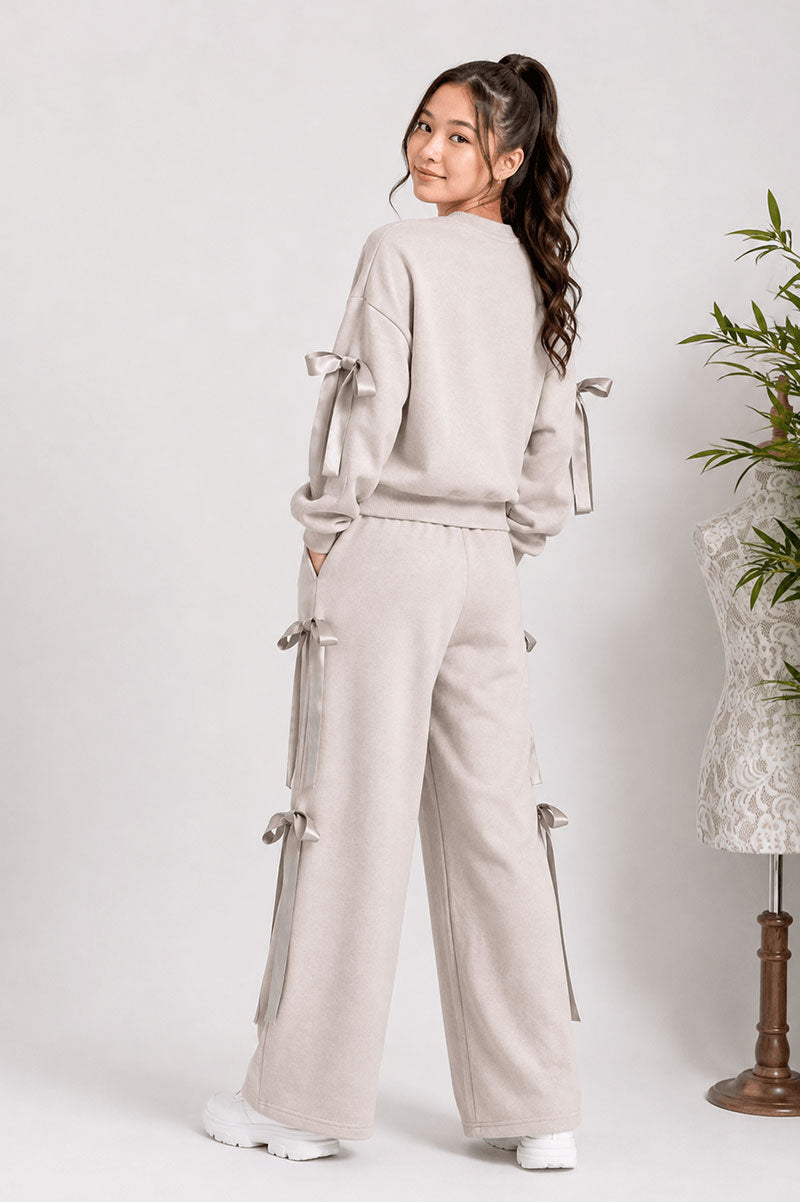 Bow Detail Striped Co-Ord Set Sweatshirt and Wide Pants - Suviara Little