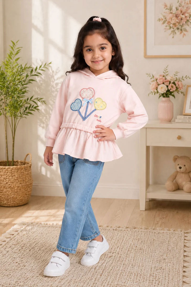 Light Pink Hooded Sweatshirt Embroidered Floral Appliques - Suviara Little
