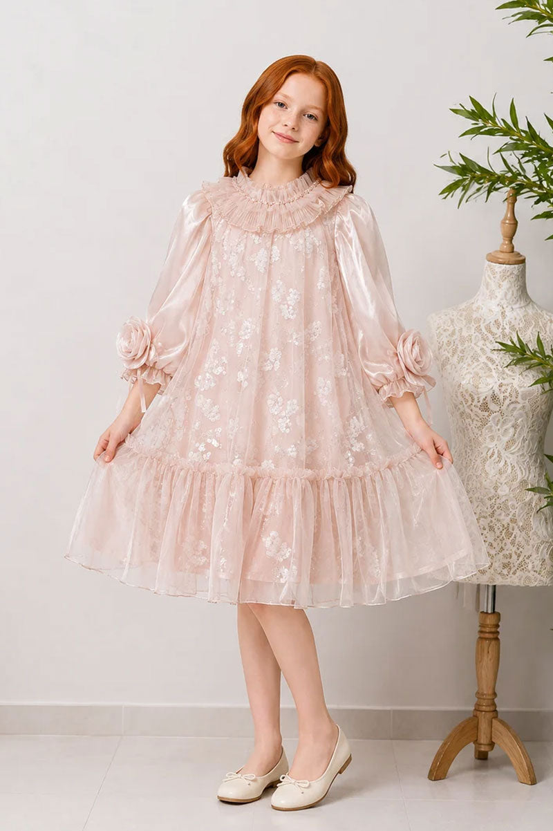 Ruffle Collar Pink Beau Mesh Floral Lace Party Dress - Suviara Little - Photo 2