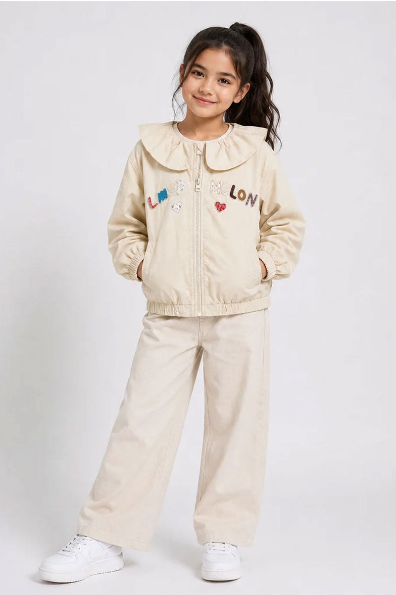 Embroidered Adorable Girls Ruffle Collar Cotton Zip Jacket - Suviara Little