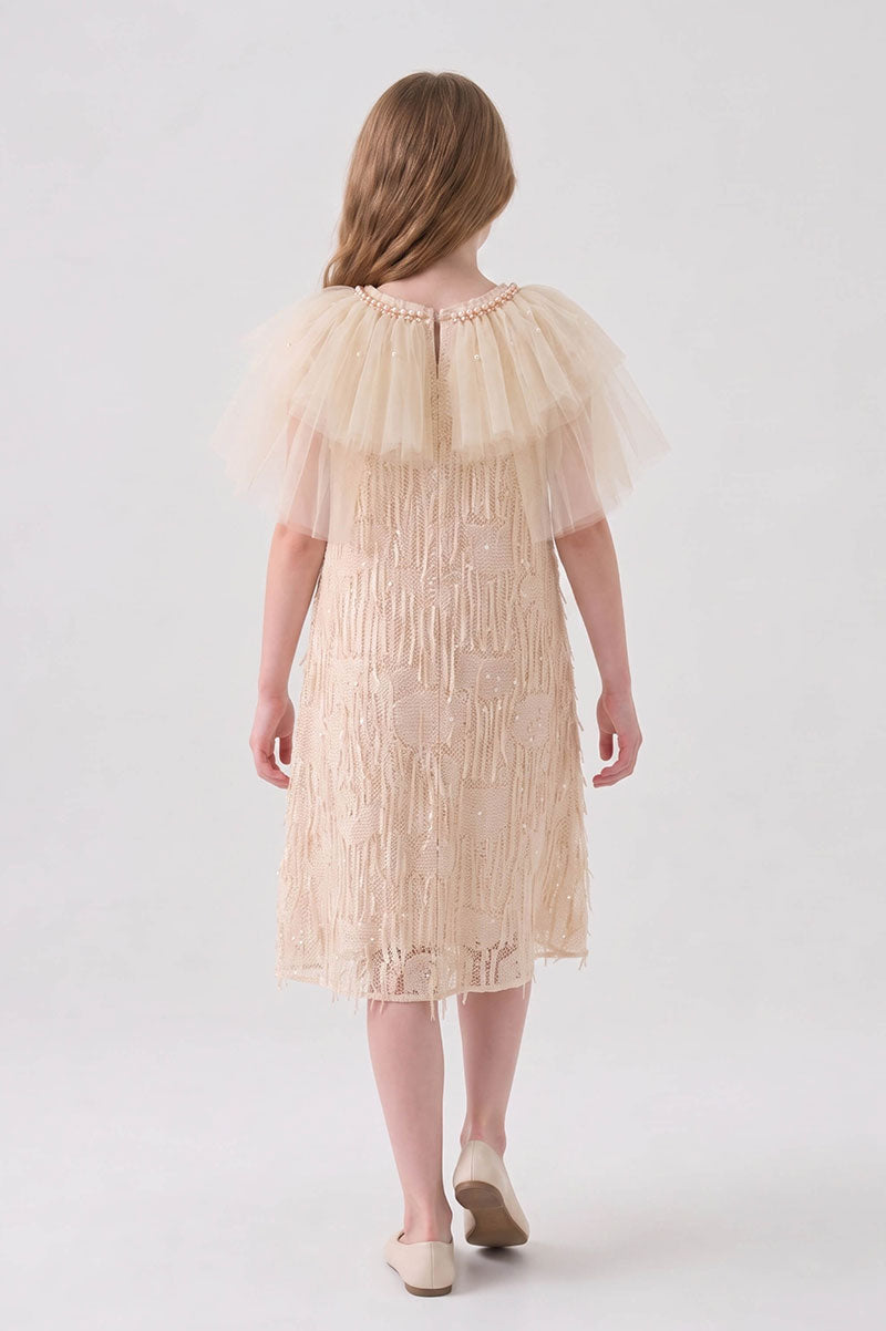 Girls Party Dress with Tulle Cape Elegant Ivory Sequin Style - Suviara Little