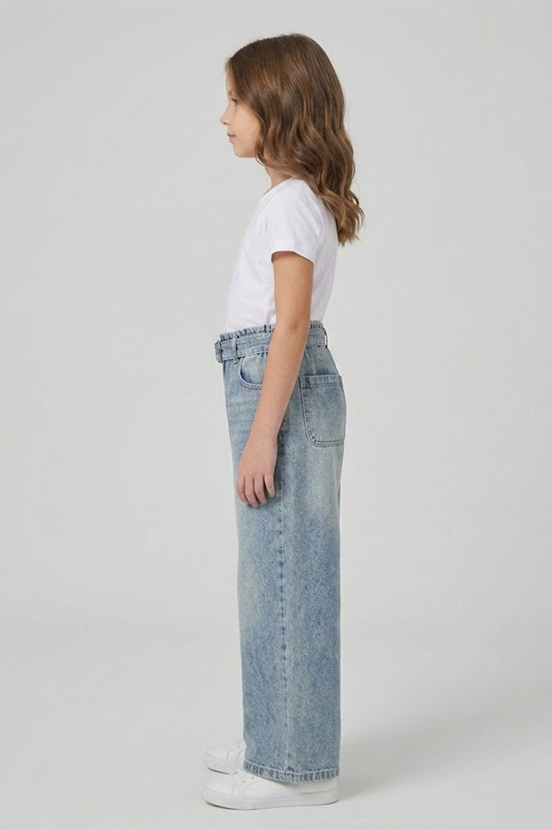 Wide Leg Denim Jeans With Belt For Kids - Suviara Little - Photo 3