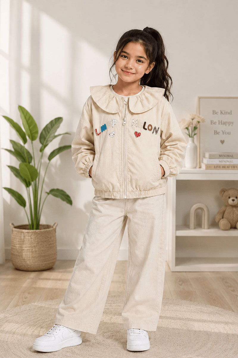 Embroidered Adorable Girls Ruffle Collar Cotton Zip Jacket - Suviara Little