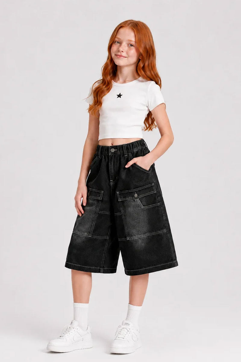 Denim Cargo Shorts Black - Suviara Little