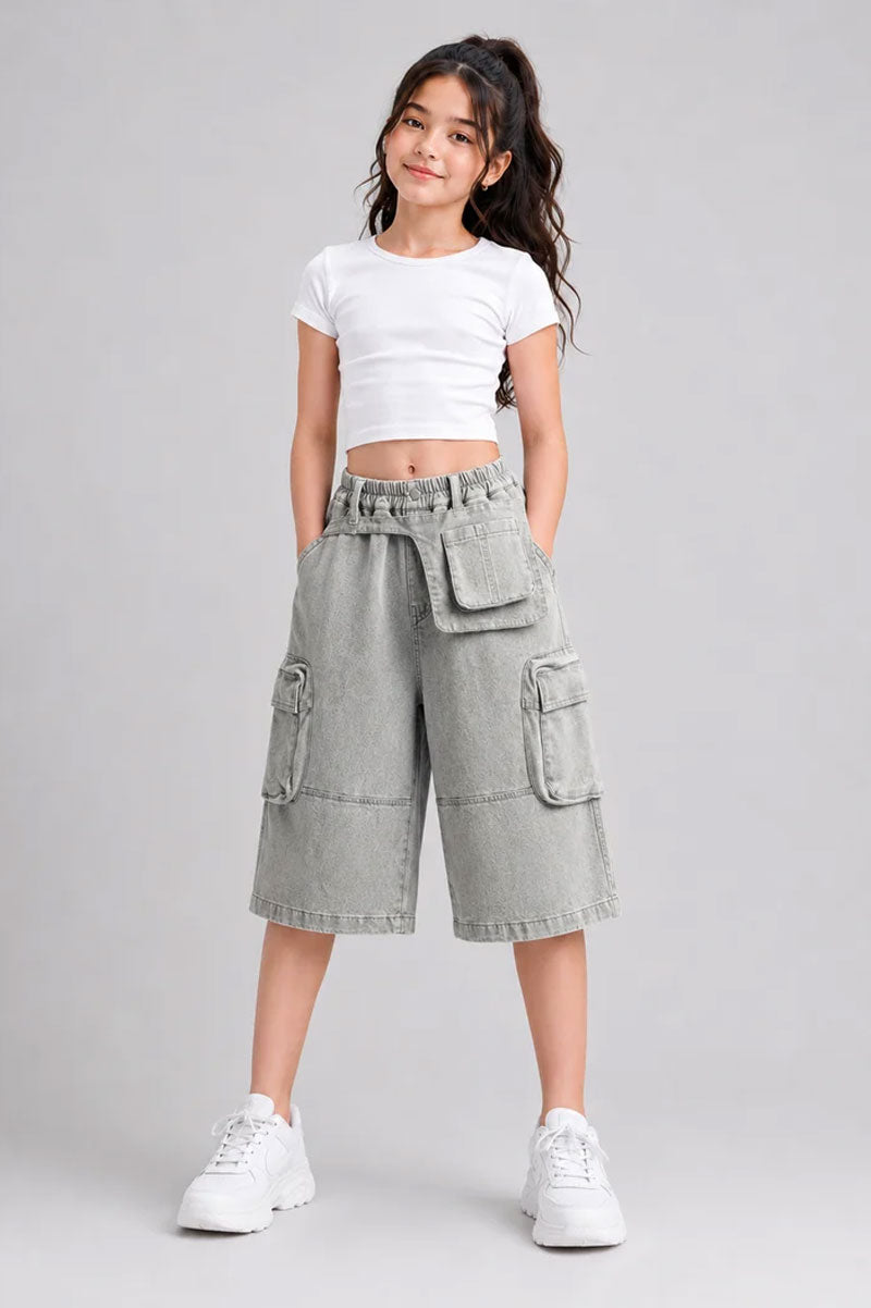 Multi-Pocket Wide-Leg Denim Cargo Shorts Light Grey - Suviara Little