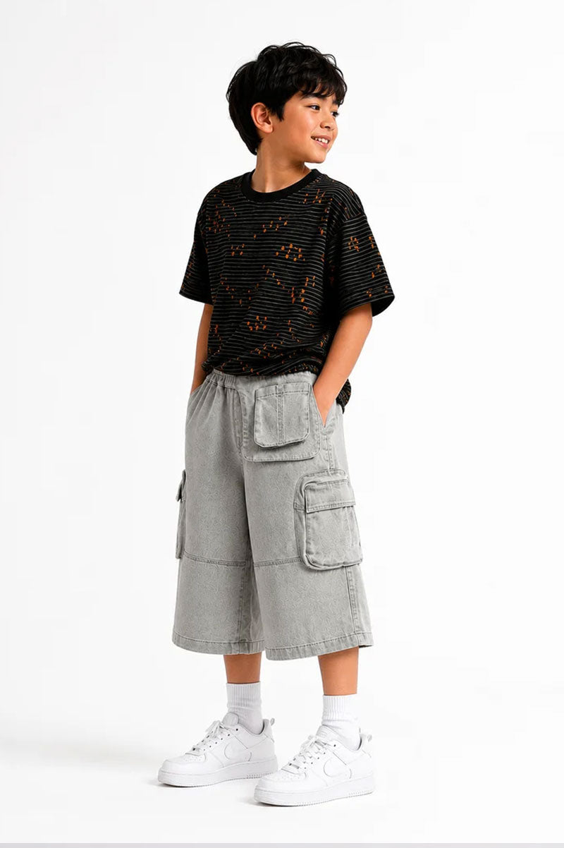 Multi-Pocket Wide-Leg Denim Cargo Shorts Light Grey - Suviara Little