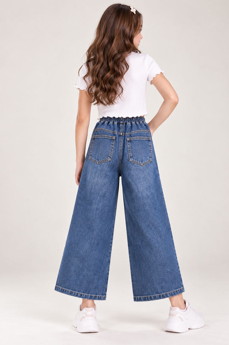 Girls Korean Style Embroidered Wide Leg Denim Jeans - Suviara Little - Photo 3