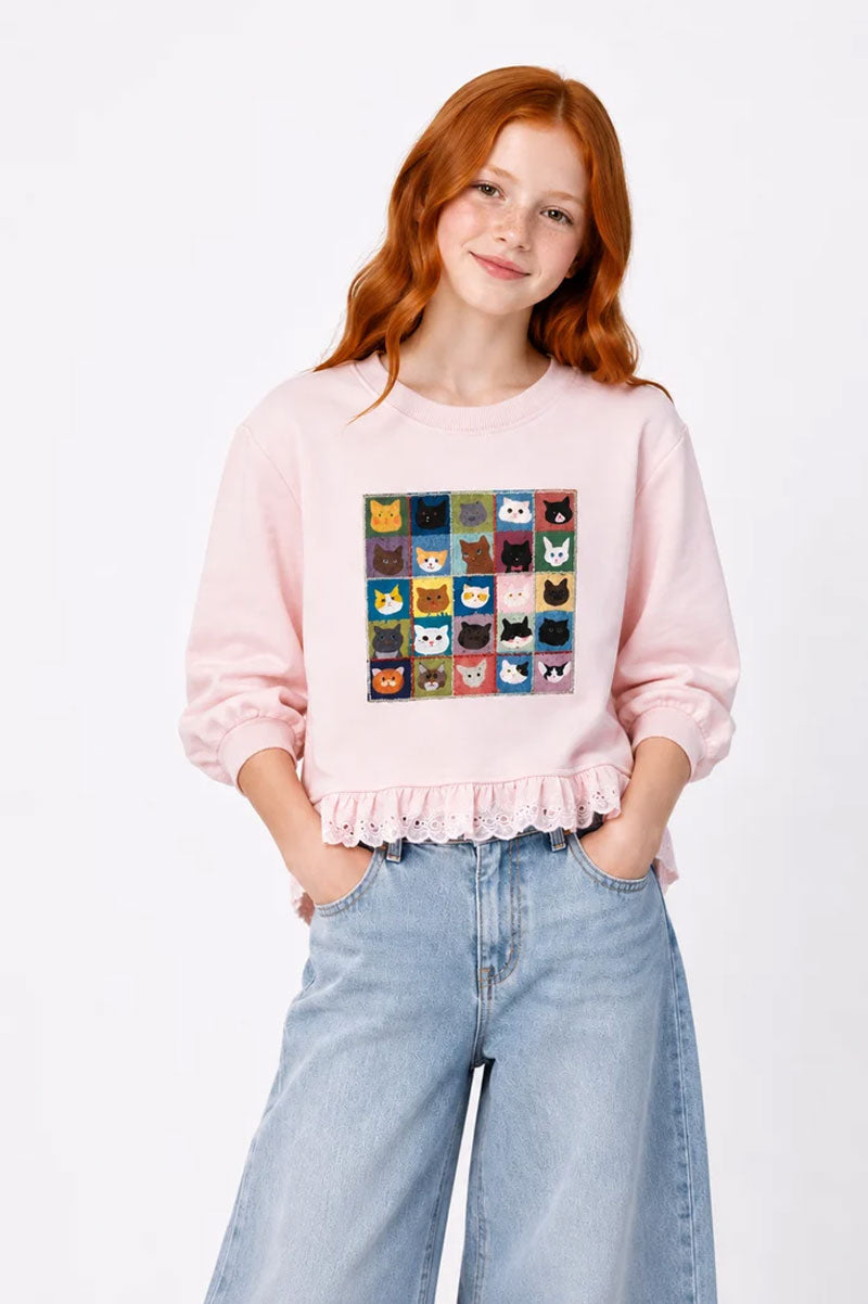 Pink Ruffled Cute Cat Graphic Sweatshirts - Suviara Little