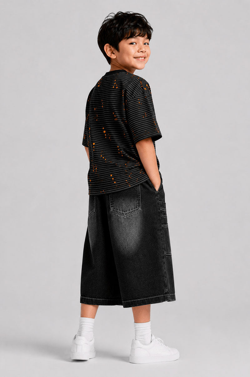 Micro-Stripe Crewneck Short Sleeve T-Shirt with Orange Splatter Pattern - Suviara Little - Photo 4