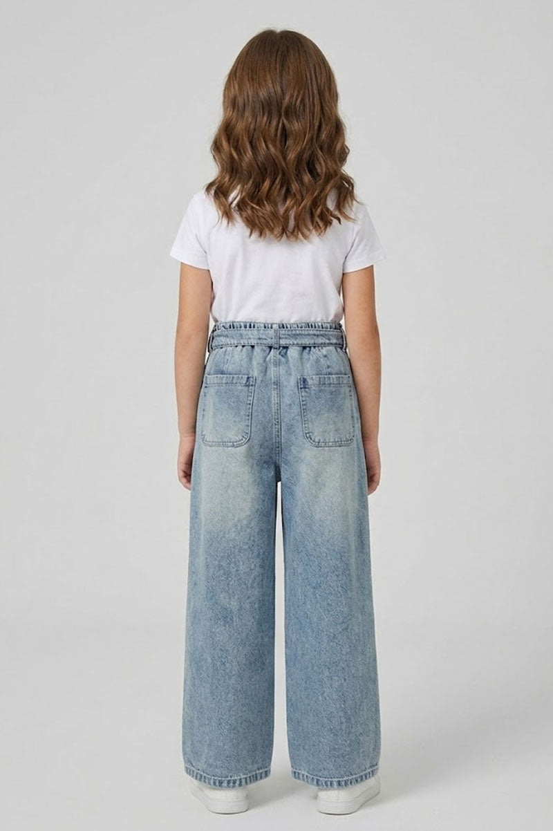 Wide Leg Denim Jeans With Belt For Kids - Suviara Little - Photo 4