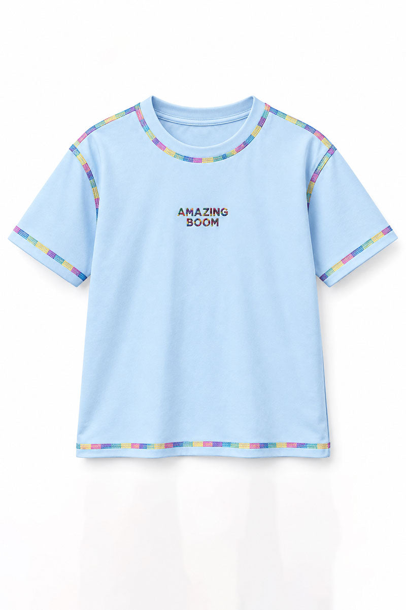 Amazing Boom Round Neck Short Sleeve Casual T-Shirt Light Blue - Suviara Little