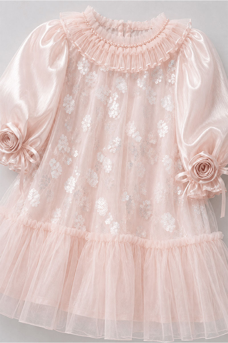 Ruffle Collar Pink Beau Mesh Floral Lace Party Dress - Suviara Little