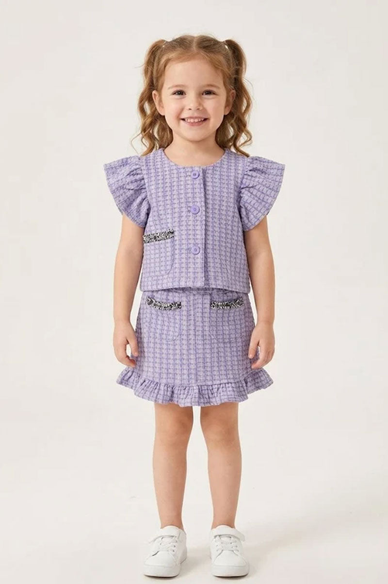 Girl's Purple 2 Piece Tweed Jacket and Skirt Set - Suviara Little